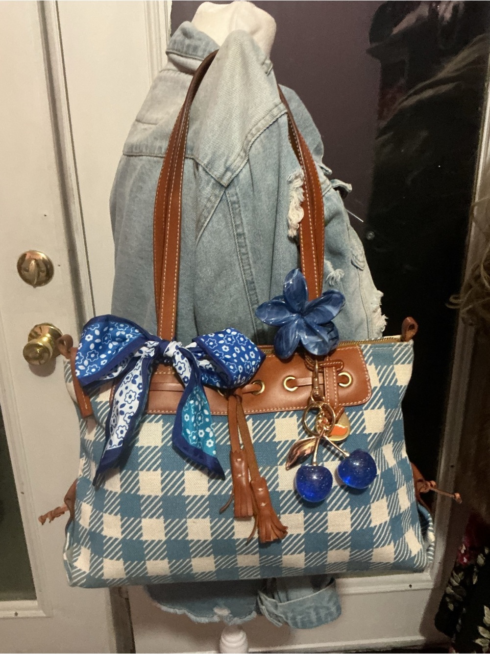 Dooney & Bourke Blue Plaid Tote with Brown Leather Trim and Charms